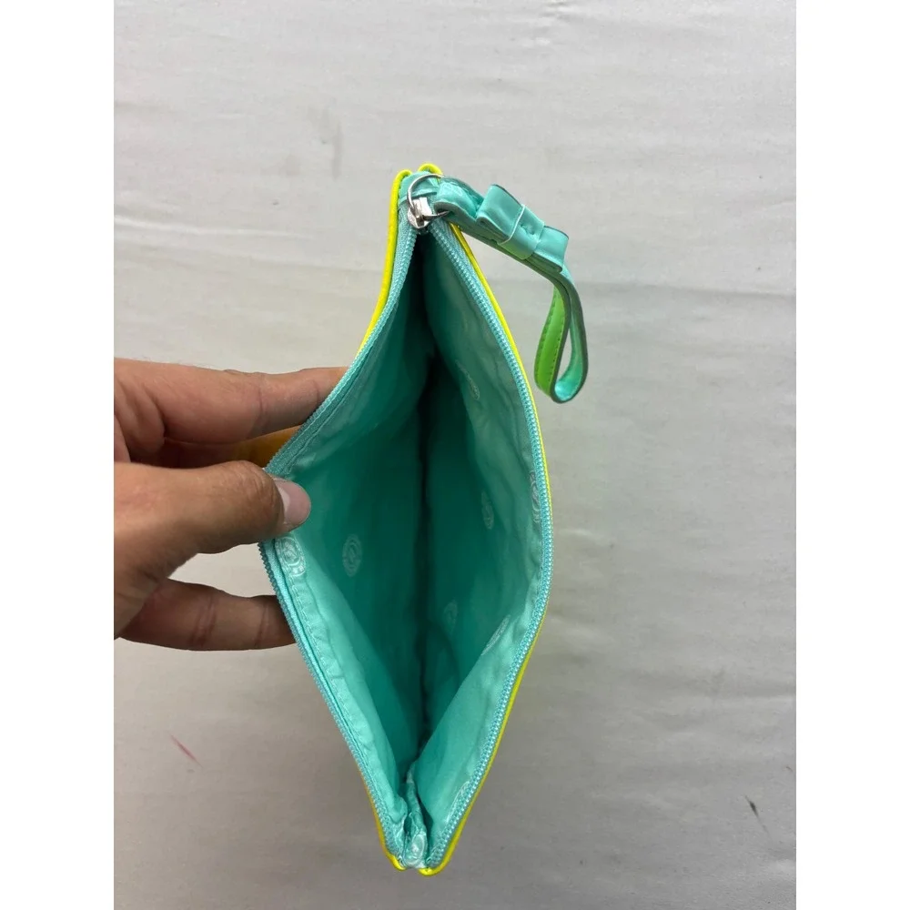 Neon Yellow Hello Sunshine Patent Wristlet Pouch with Turquoise Bow Detail